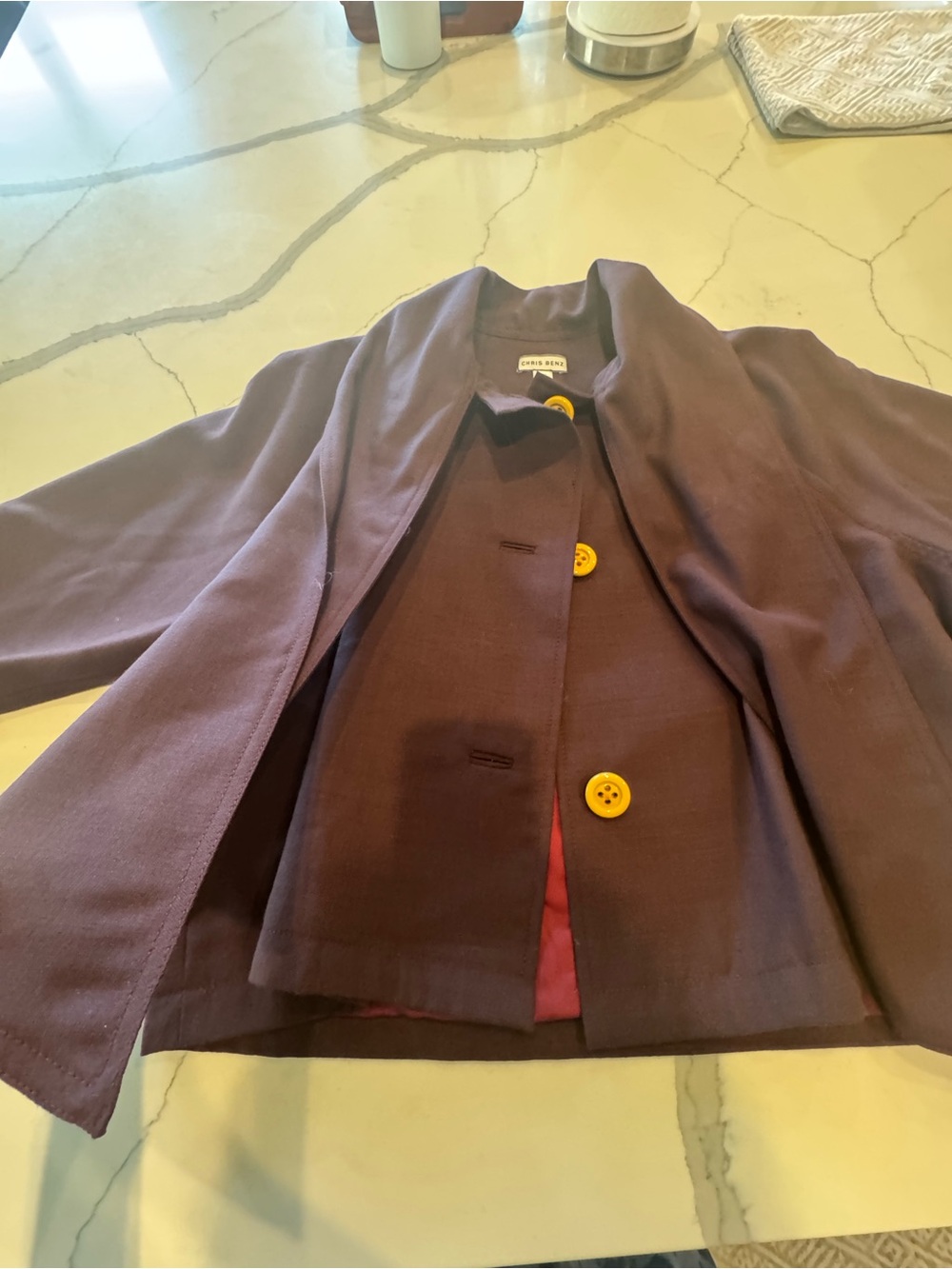 Chris Benz - Burgundy wool coat - with Yellow Button Accents - Size 10